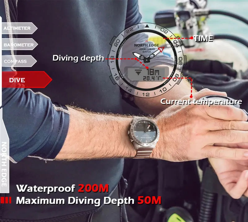 NORTH EDGE Men’s Dive Smartwatch 200M Waterproof with Compass