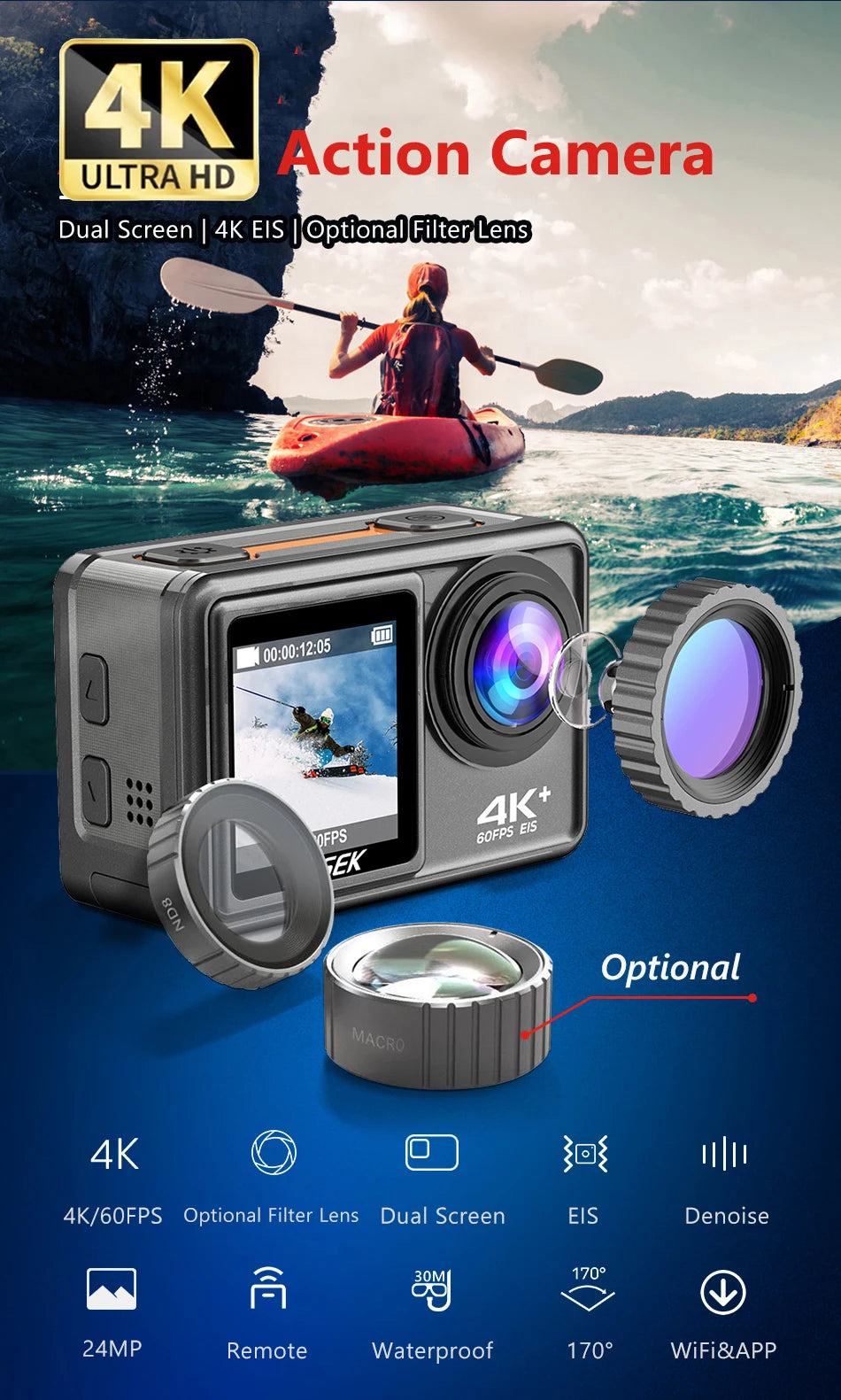 CERASTES 4K60FPS Action Camera with EIS & Interchangeable Lens