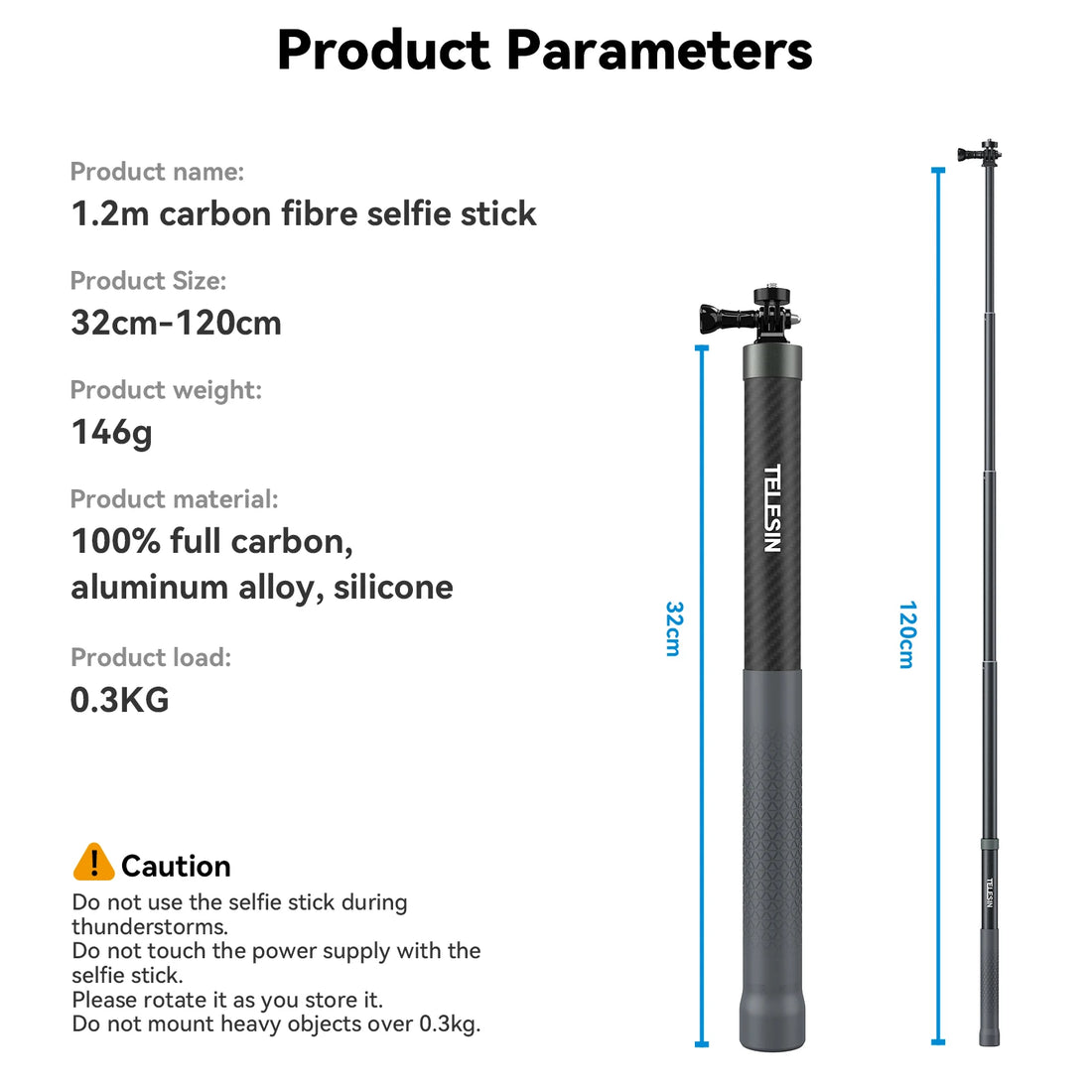 TELESIN Carbon Fiber Extendable Selfie Stick 1.2–3M for Action Cameras