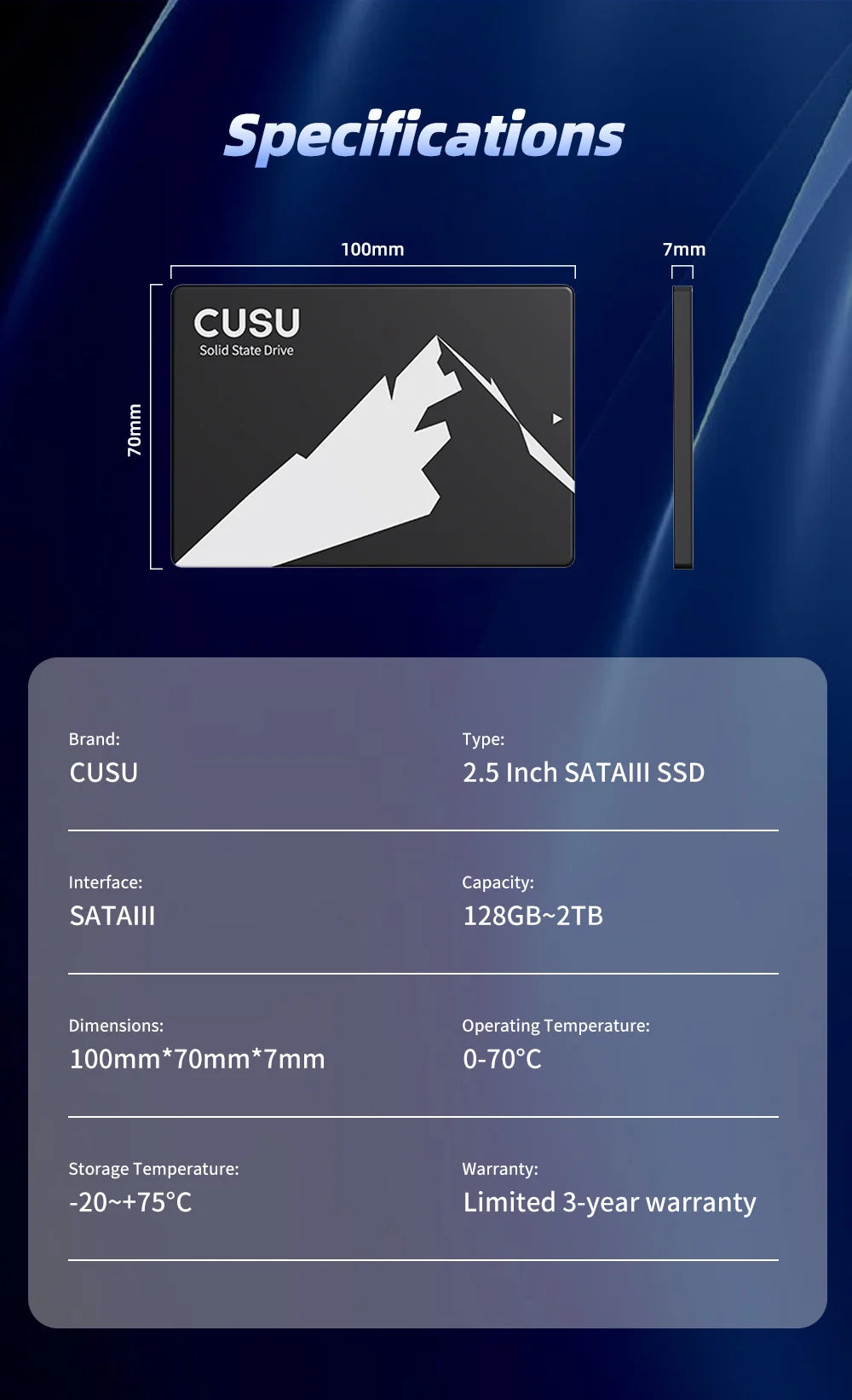 CUSU SATA 2.5” SSD – 128GB/256GB/512GB/1TB/2TB Hard Drive for Computer & Laptop