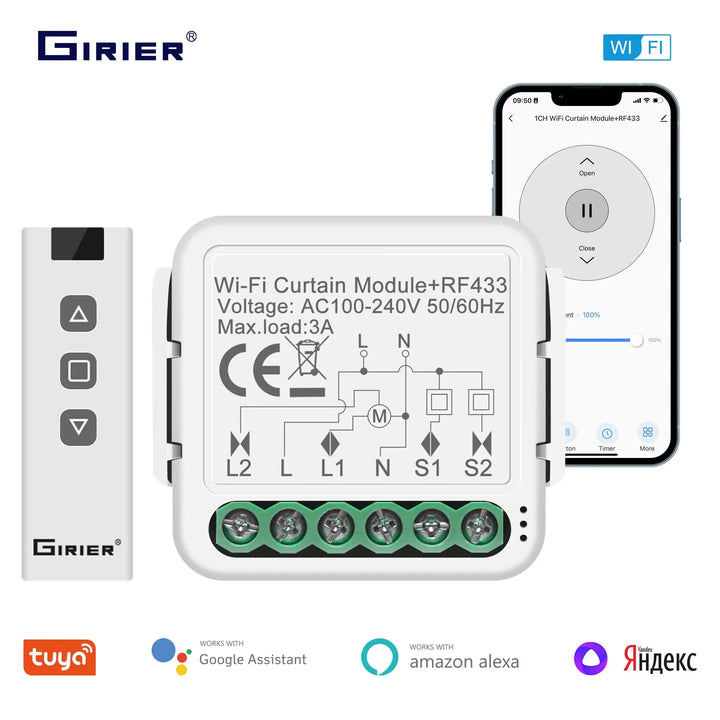 GIRIER Tuya WiFi RF433 Curtain Switch Module for Roller Shutter