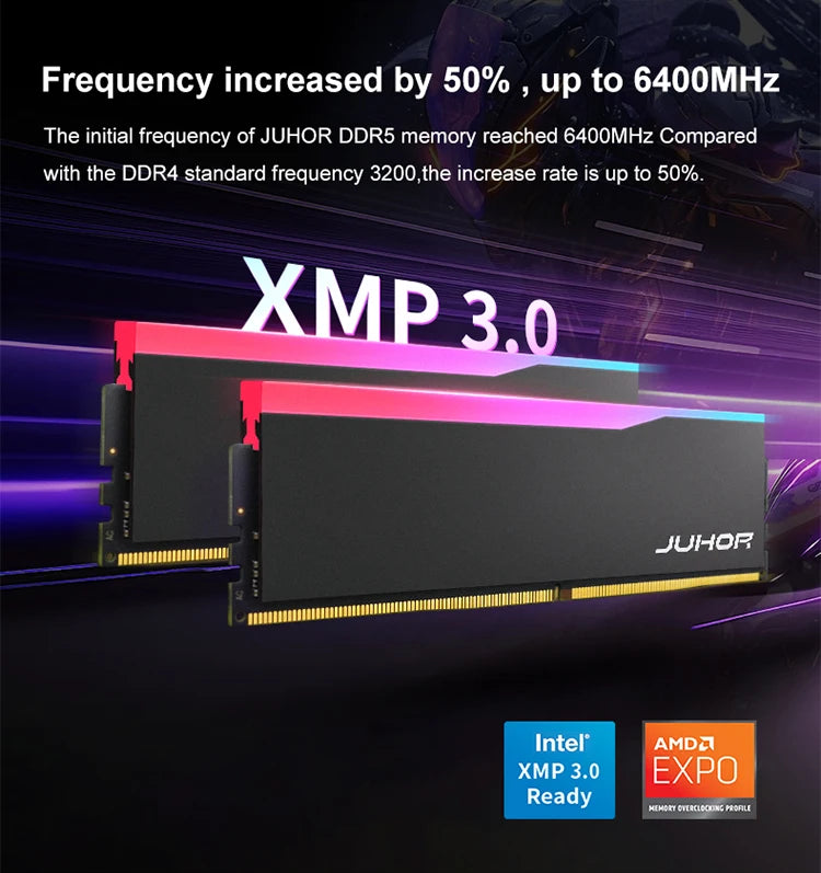 JUHOR DDR5 RGB Desktop RAM – 16GB 6000–6400MHz PC5 DIMM Memory