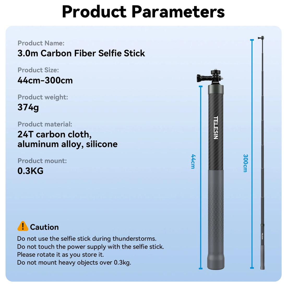 TELESIN Carbon Fiber Extendable Selfie Stick 1.2–3M for Action Cameras
