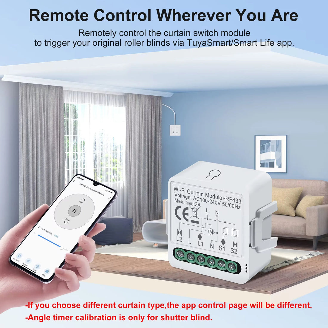 GIRIER Tuya WiFi RF433 Curtain Switch Module for Roller Shutter