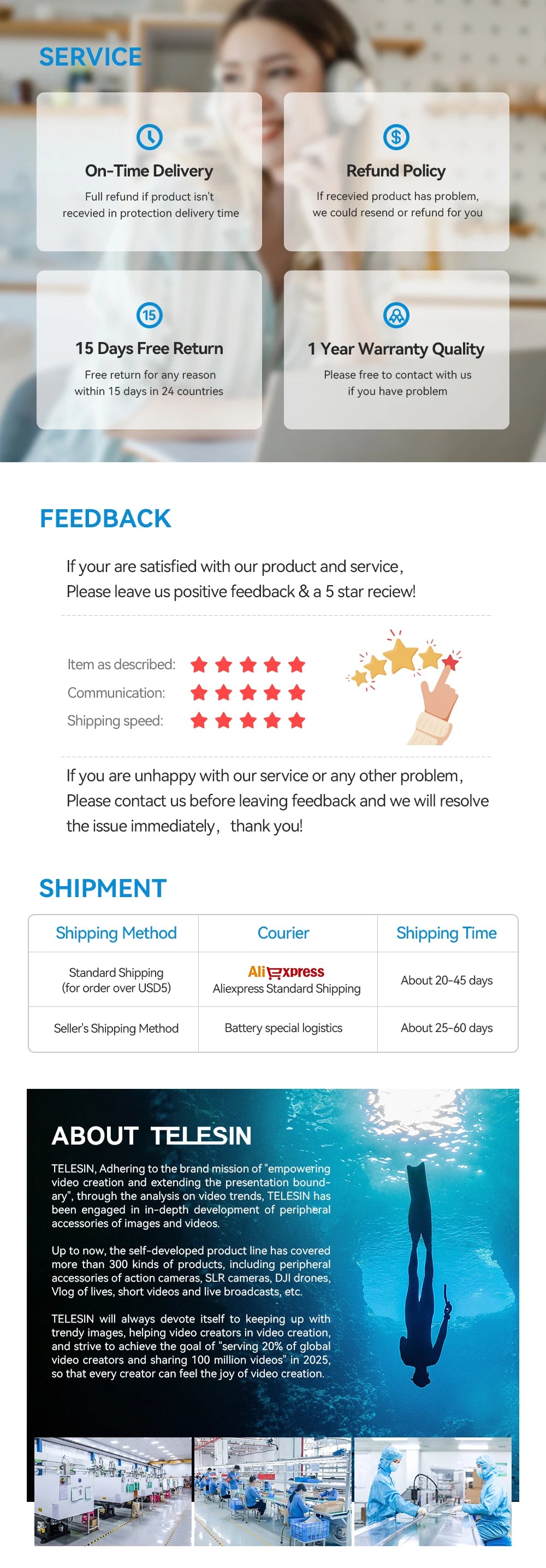 TELESIN Carbon Fiber Extendable Selfie Stick 1.2–3M for Action Cameras