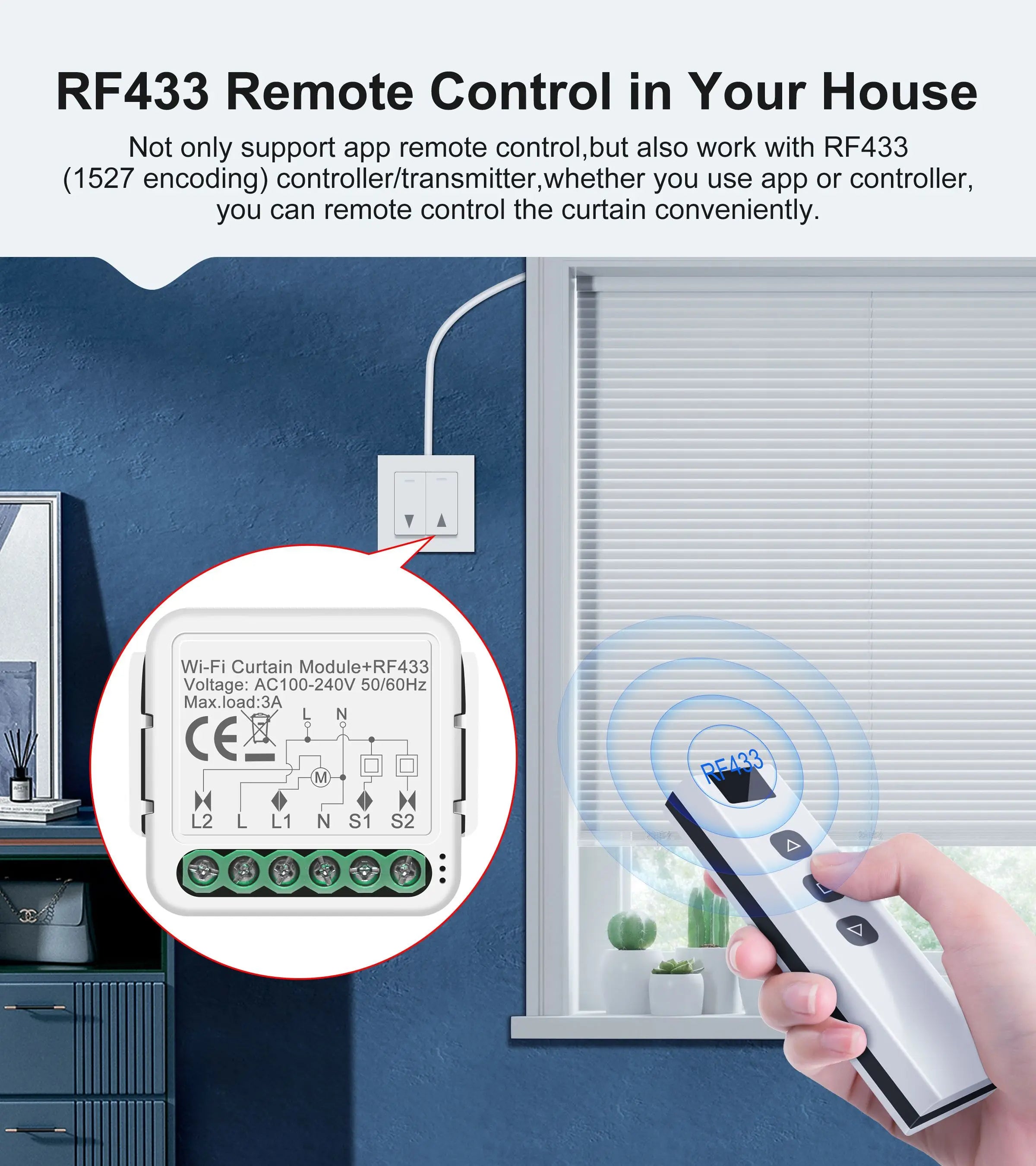 GIRIER Tuya WiFi RF433 Curtain Switch Module for Roller Shutter