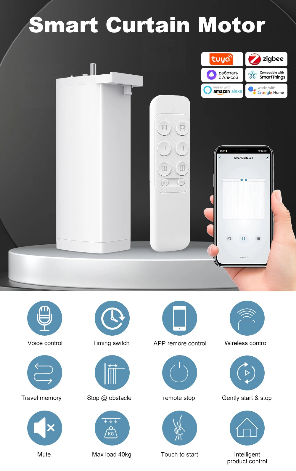 Tuya ZigBee/WiFi Smart Curtain Motor 155mm Silent Electric Shutter