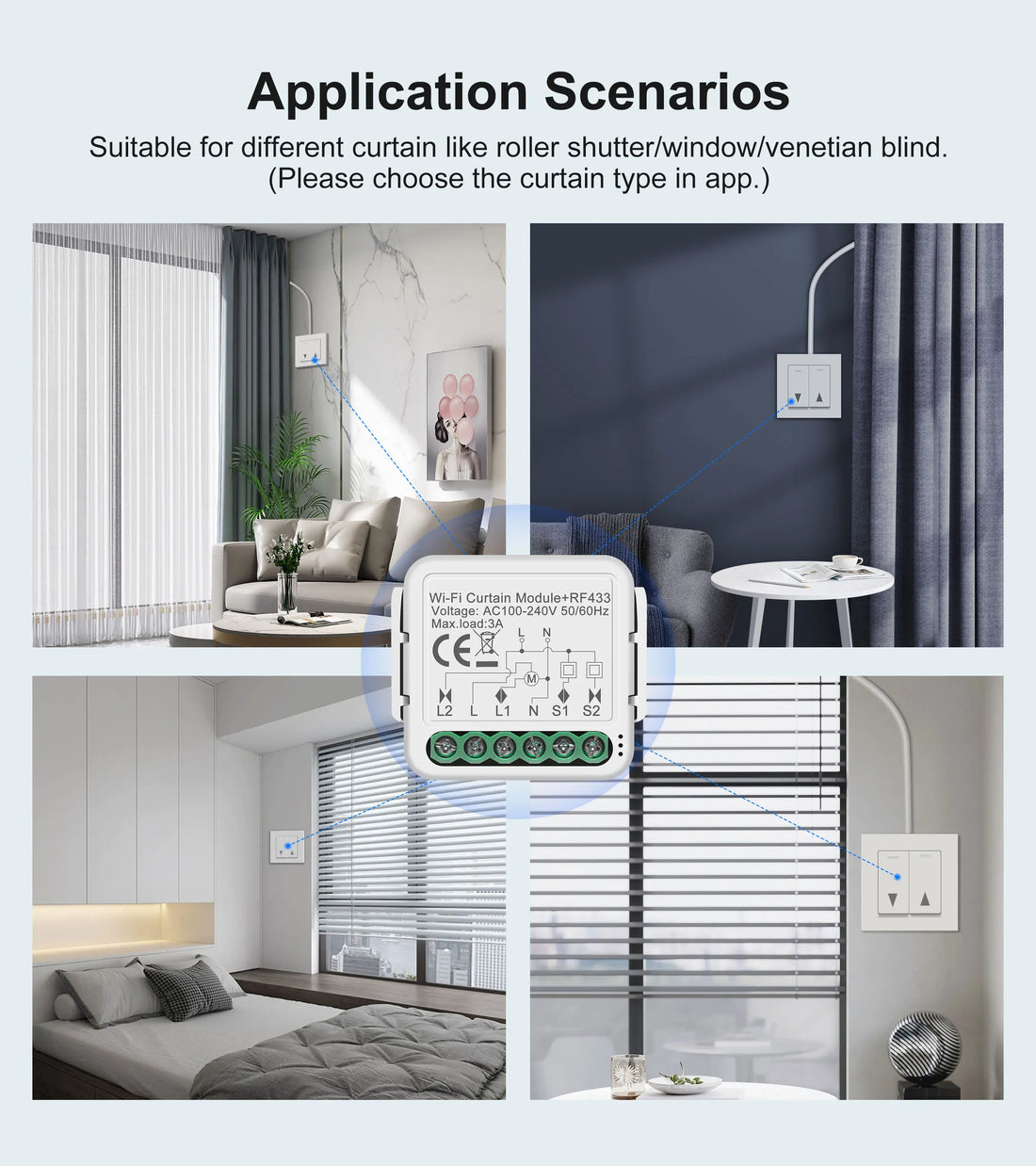 GIRIER Tuya WiFi RF433 Curtain Switch Module for Roller Shutter