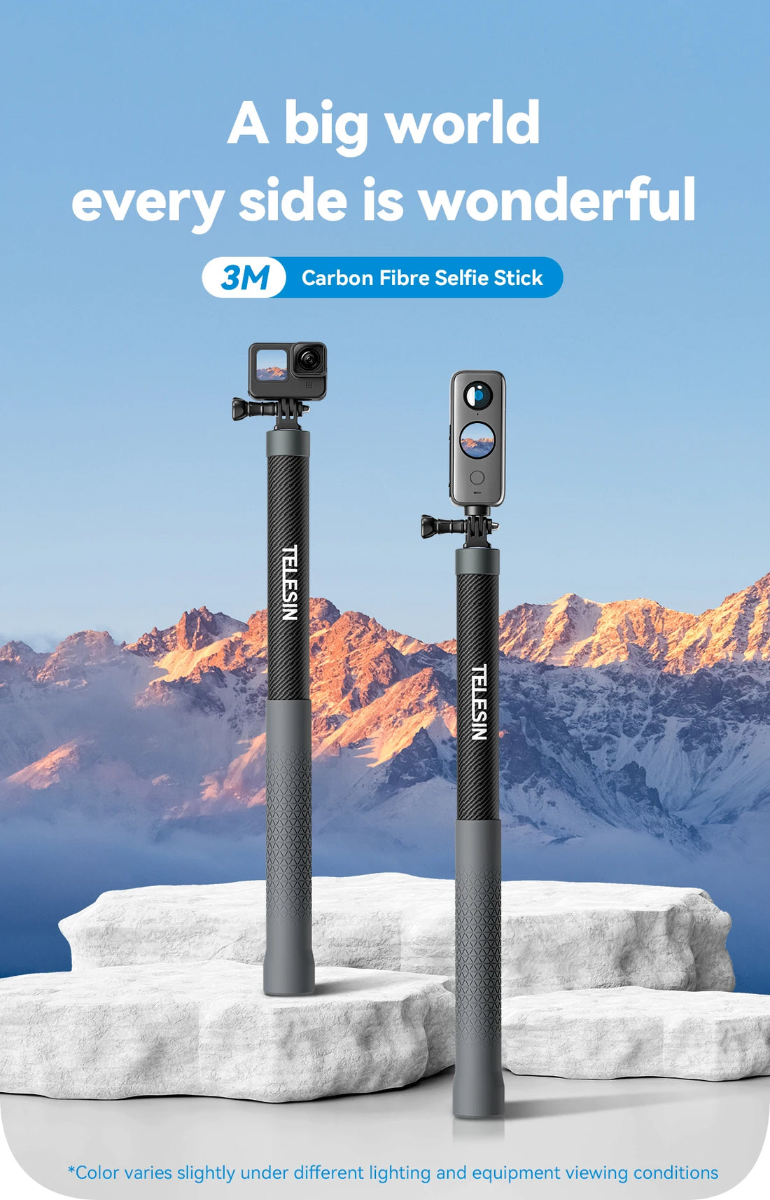 TELESIN Carbon Fiber Extendable Selfie Stick 1.2–3M for Action Cameras