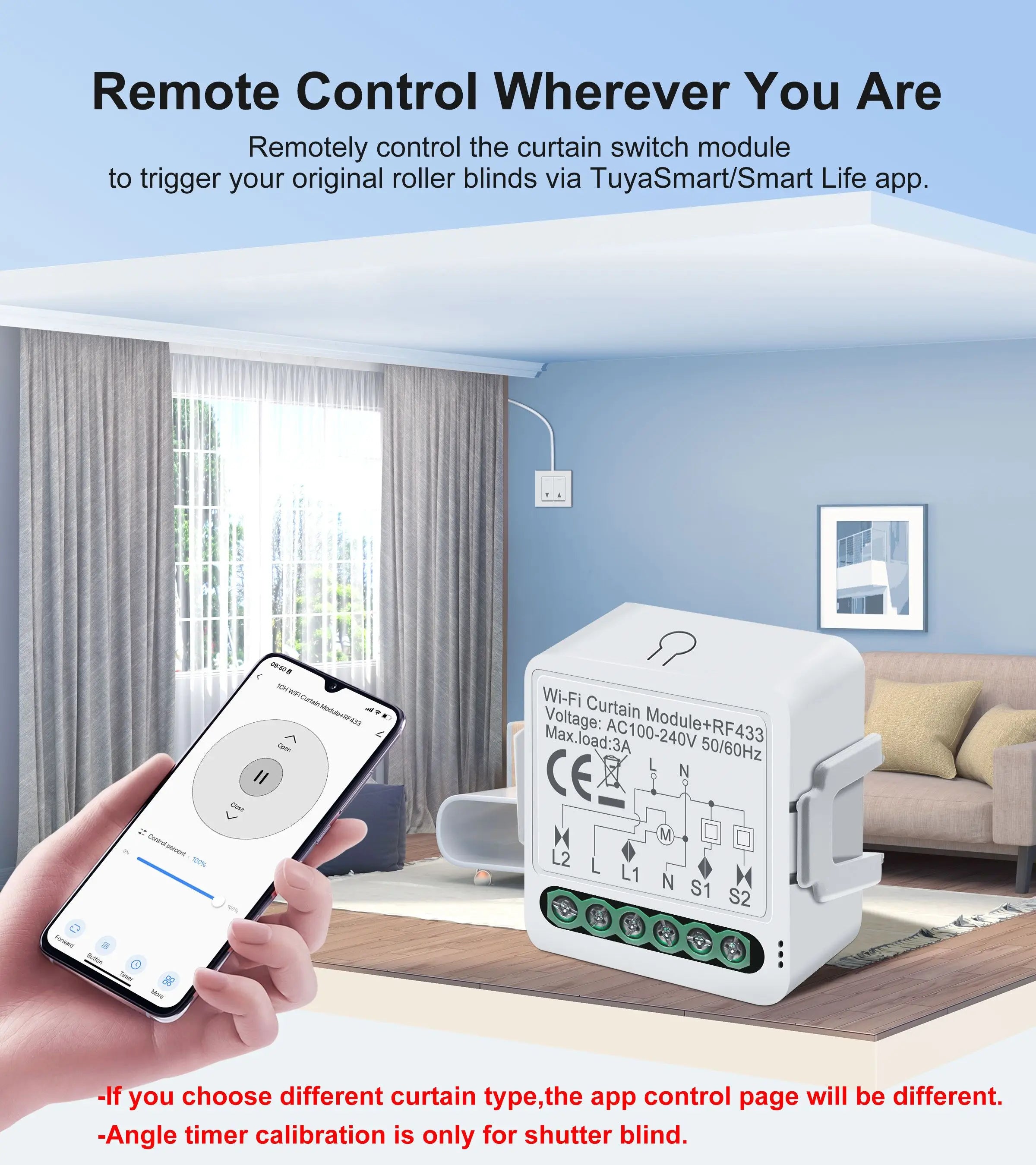 GIRIER Tuya WiFi RF433 Curtain Switch Module for Roller Shutter