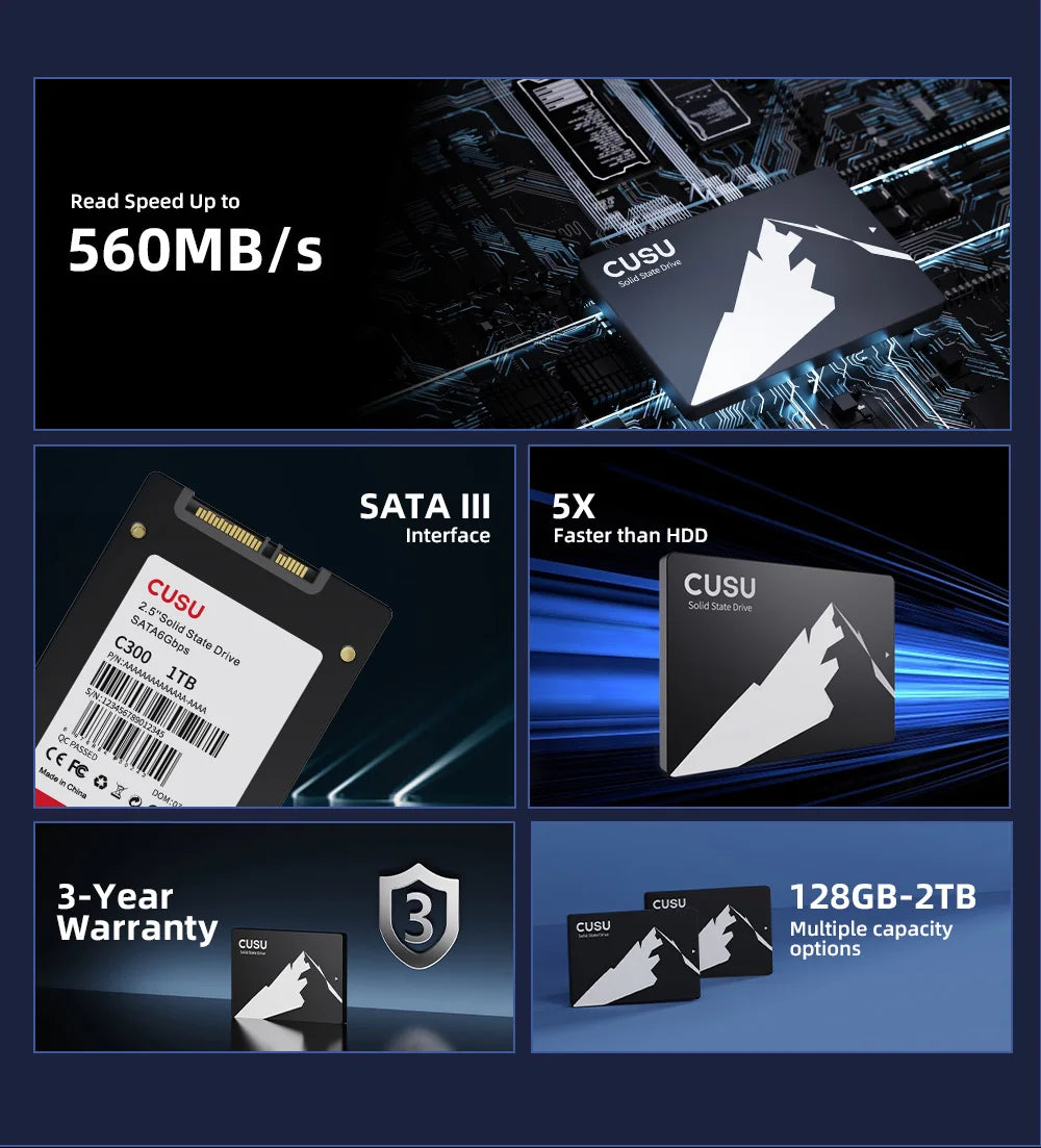 CUSU SATA 2.5” SSD – 128GB/256GB/512GB/1TB/2TB Hard Drive for Computer & Laptop