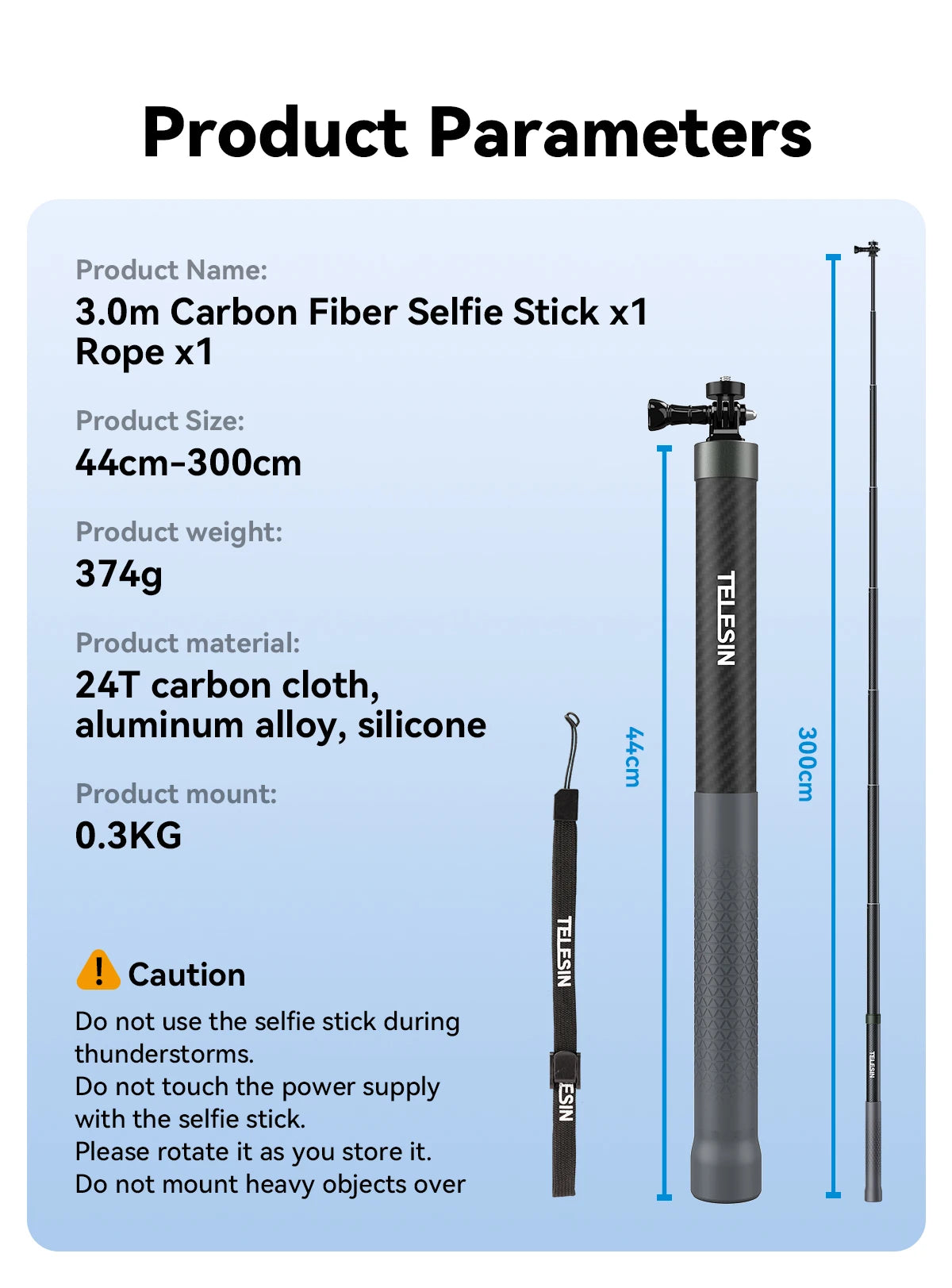 TELESIN Carbon Fiber Extendable Selfie Stick 1.2–3M for Action Cameras