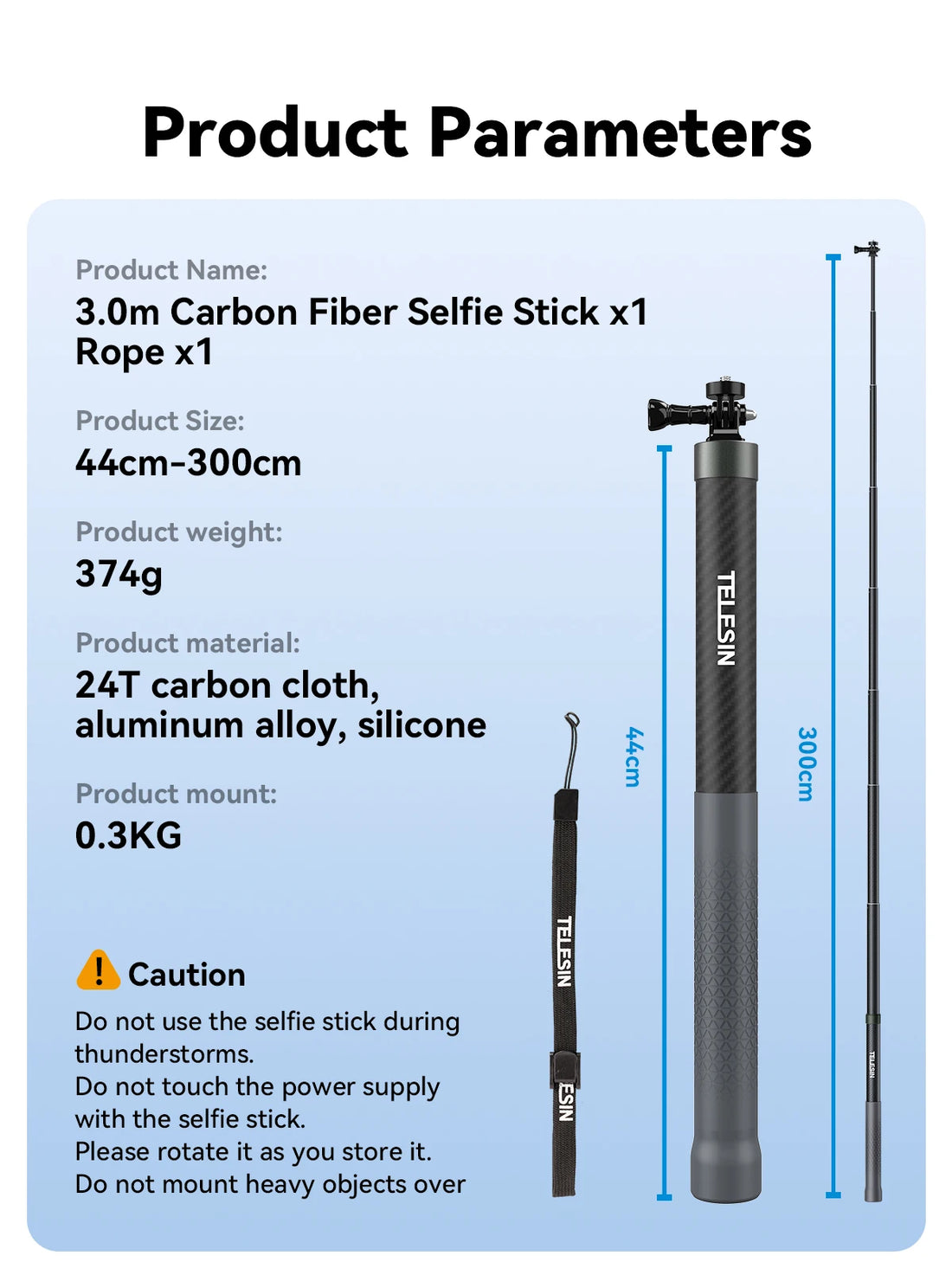 TELESIN Carbon Fiber Extendable Selfie Stick 1.2–3M for Action Cameras