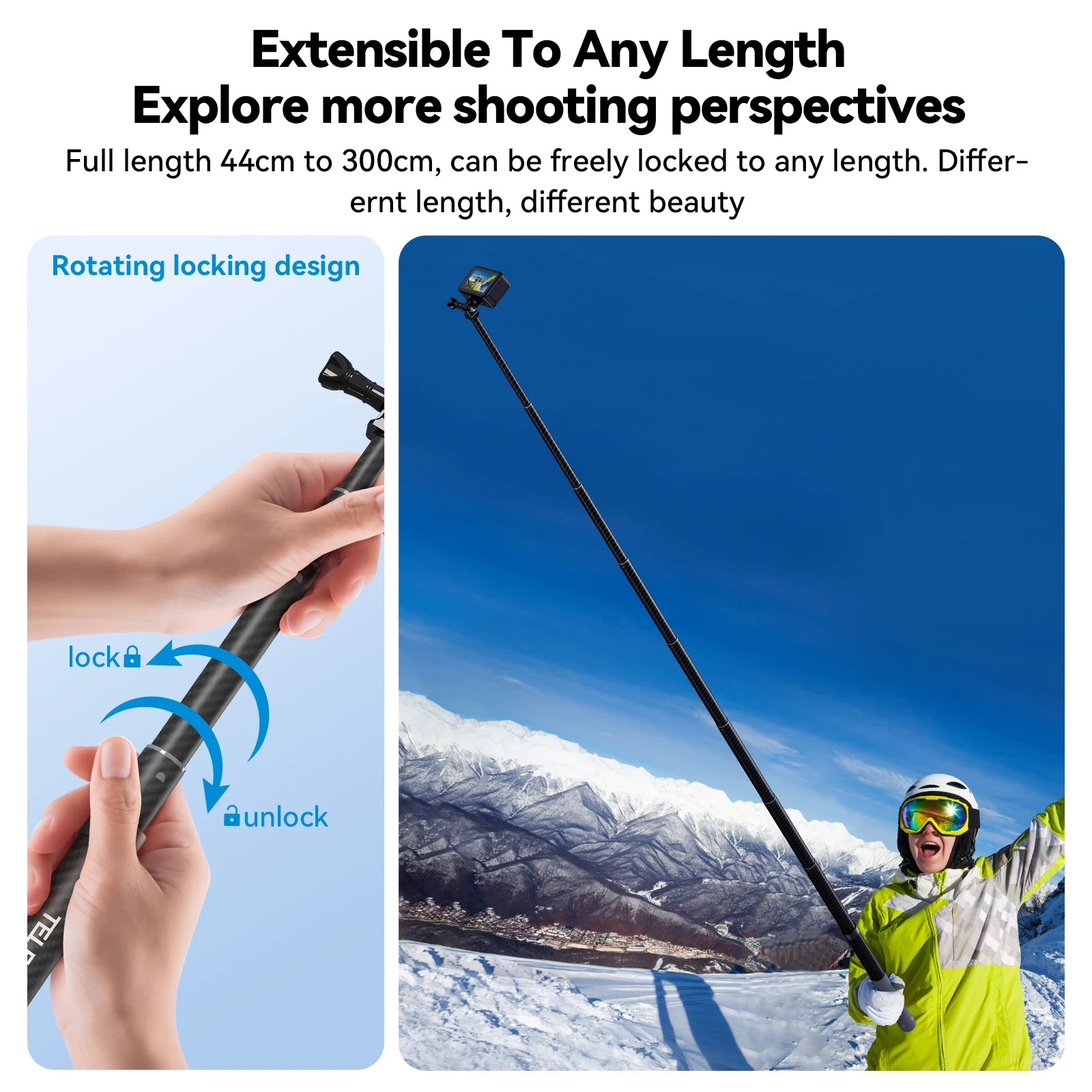 TELESIN Carbon Fiber Extendable Selfie Stick 1.2–3M for Action Cameras